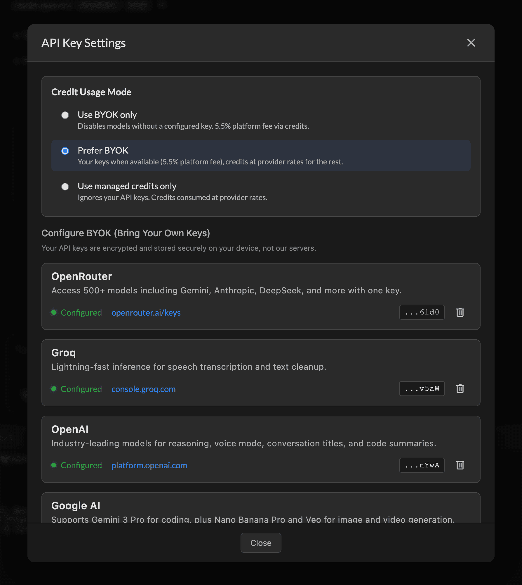 API Key Settings showing credit usage modes and configured provider connections