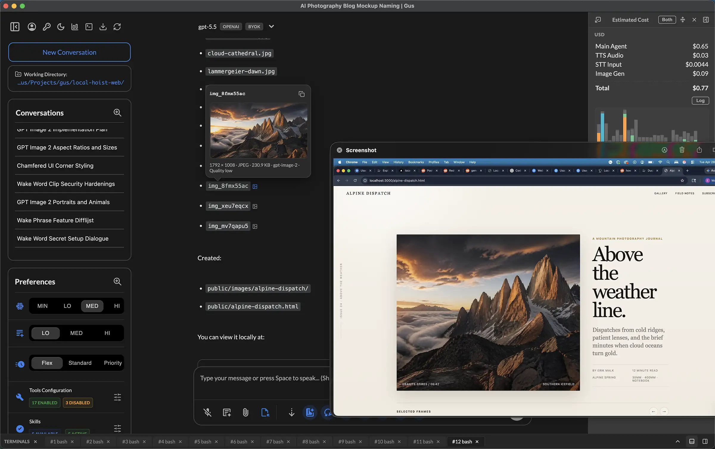 Local Hoist showing generated mountain photography, image IDs, costs, and a website mockup using the selected image
